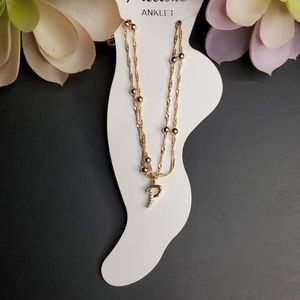 Initial Ankle Bracelet with letter (P) symbol, double layer chain color Gold